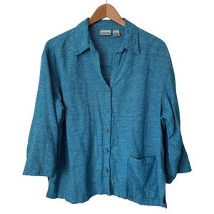 Chico’s | Linen Hairline Striped Button-up Top Teal Chico Size 2, Womens 12/LG